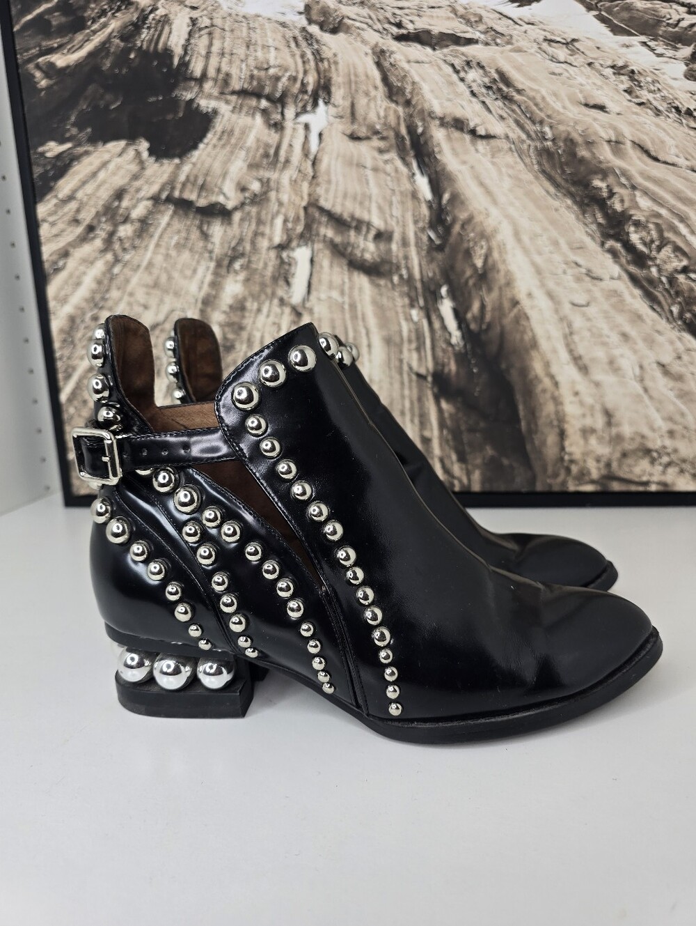 Jeffrey Campbell Black Studded Ankle Boots Rylance Leather Booties Rocker EUC - Picture 4 of 9